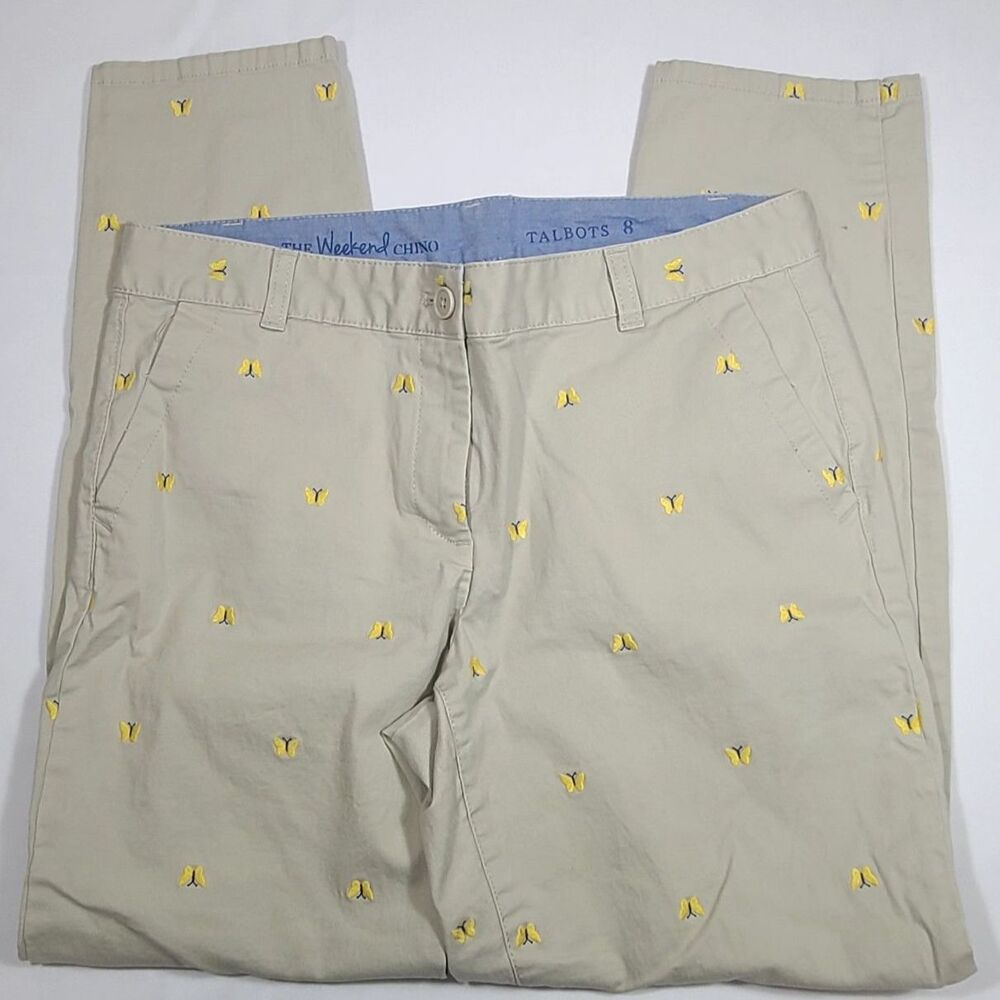 Talbots The Weekend Chino Women's Size 8 Butterfly Embroidered Khaki Pants